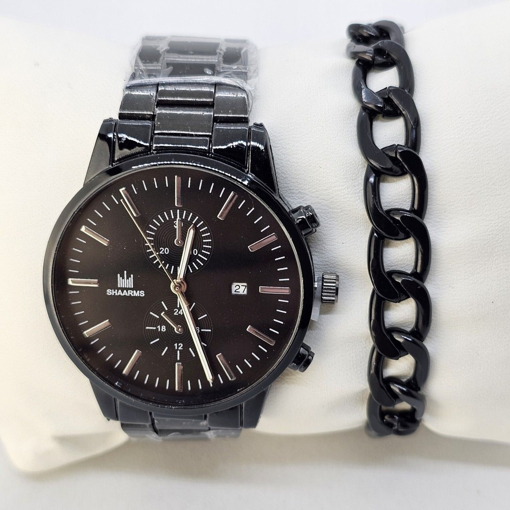 Men's 2 PC Watch Bracelet Set 42MM Black‎ Dial Date Indicator Black Bracelet